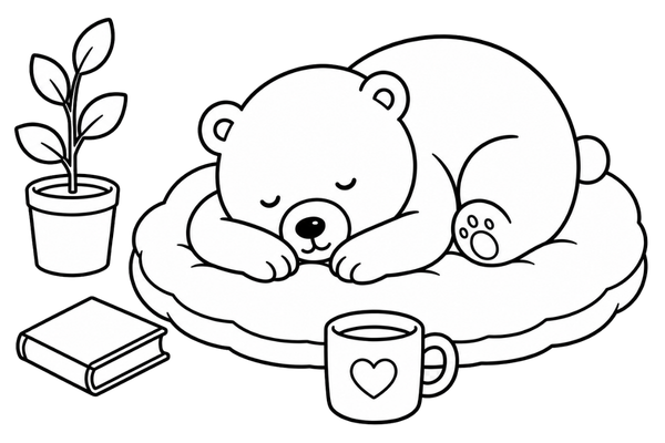 Cozy bear resting on a pillow beside books, a plant, and a cup of tea.
