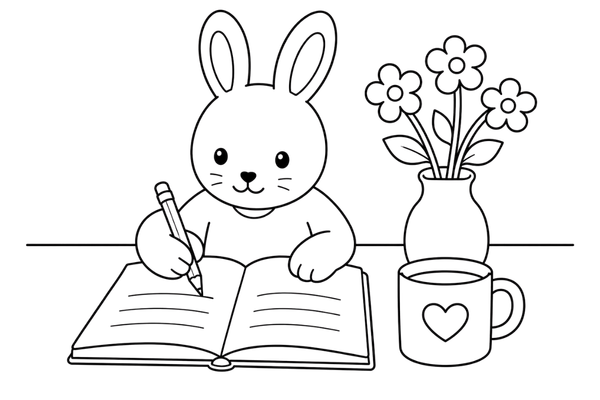 Cozy bunny journaling at a table beside flowers and a warm drink.