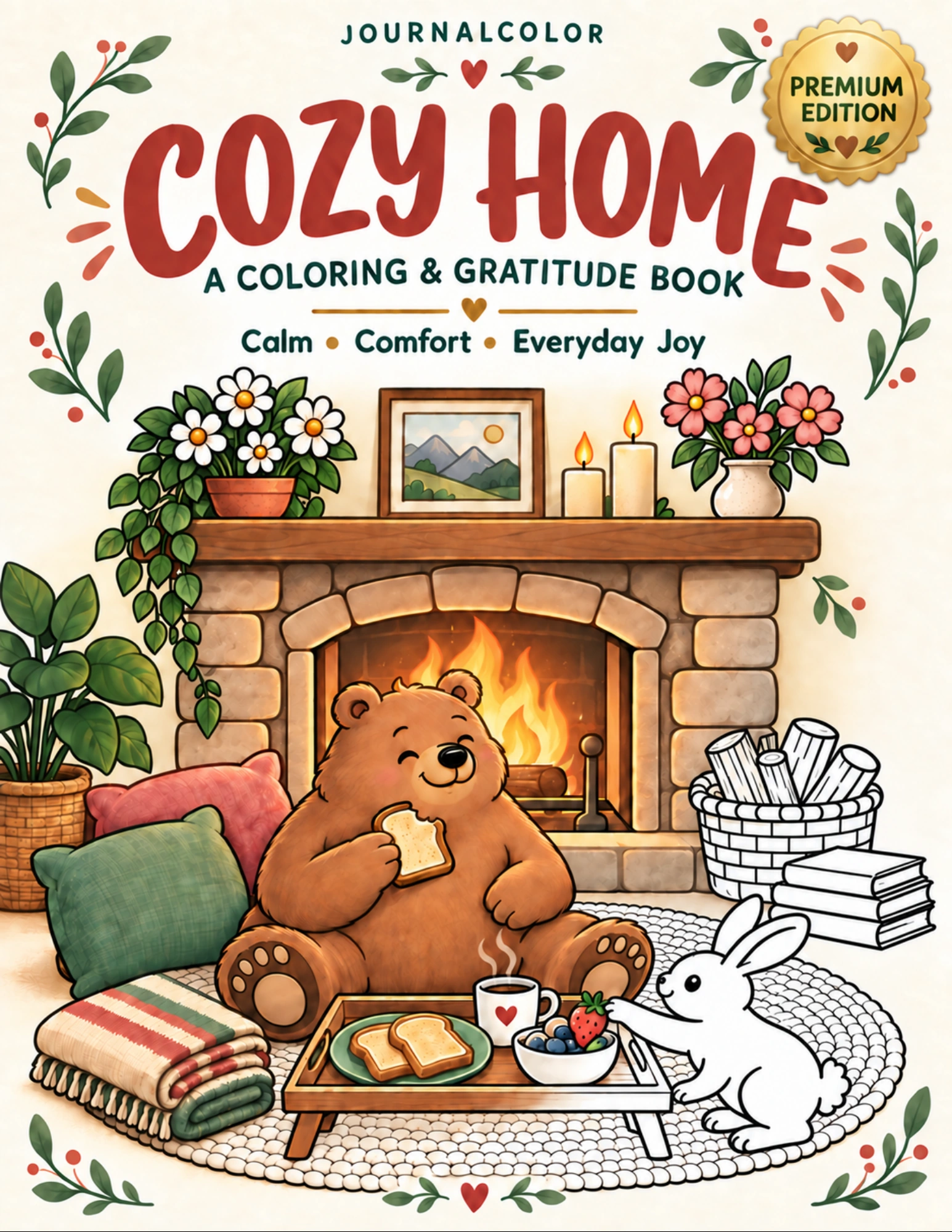 Cozy Home coloring and gratitude book cover with a bear and rabbit beside a fireplace