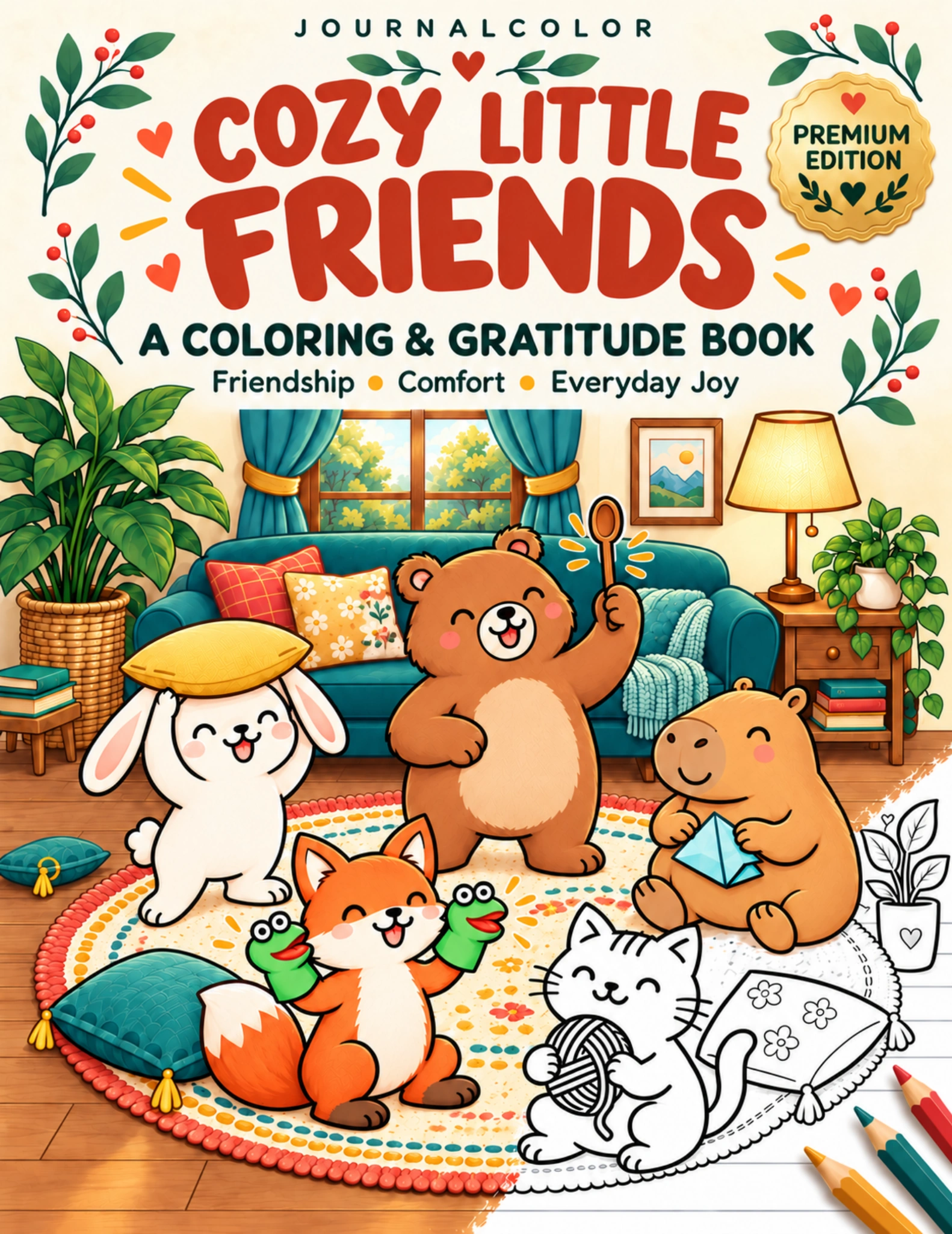 Cozy Little Friends coloring and gratitude book cover with cute animal friends