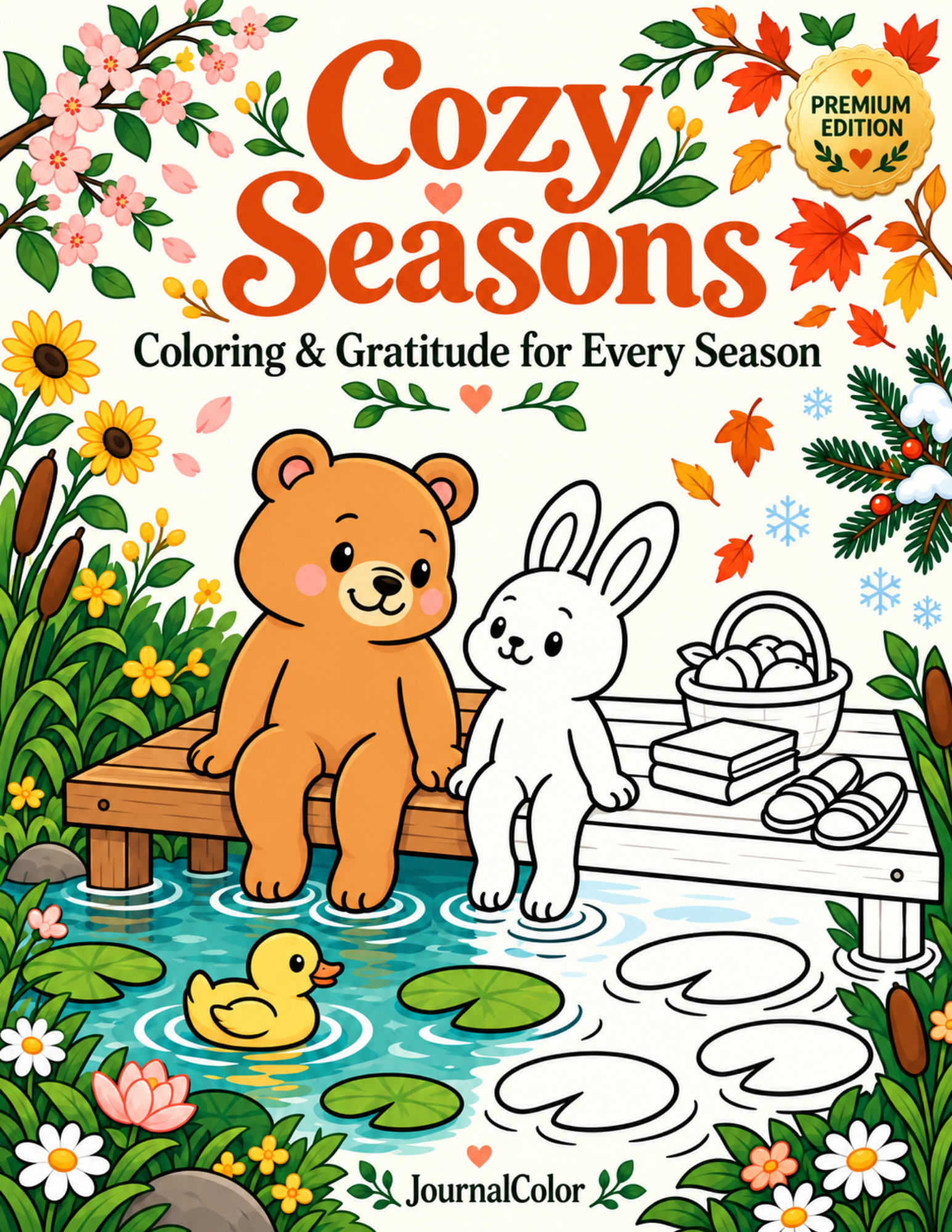 Cozy Seasons coloring book and gratitude journal cover with a bear and rabbit beside a pond