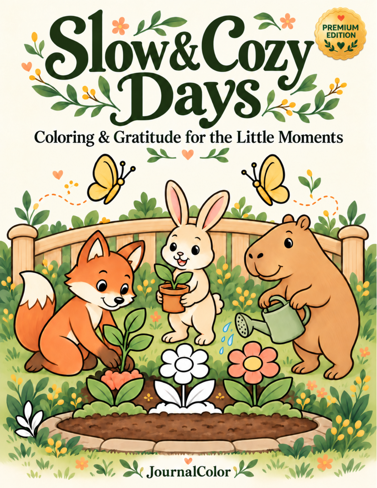Slow and Cozy Days coloring book cover with a fox, rabbit and capybara tending a flower garden